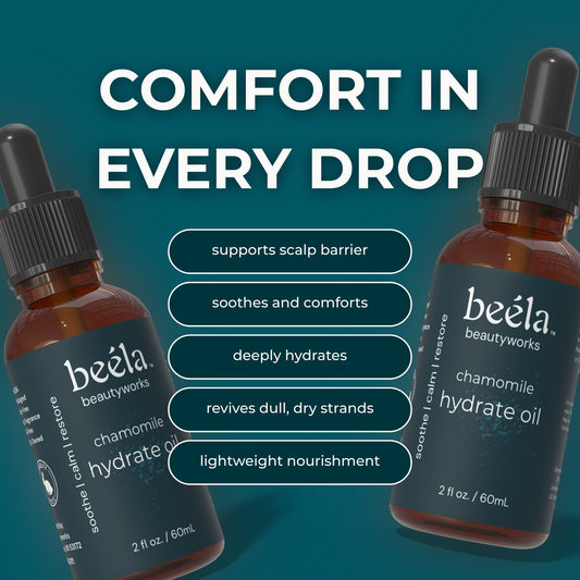 Beela Beautyworks Chamomile Hydrate Oil graphic showing benefits like supporting the scalp barrier, soothing, deep hydration, and reviving dry strands.