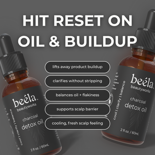 Beela Beautyworks Charcoal Detox Oil with product benefits like lifting buildup, clarifying without stripping, and balancing an oily or flaky scalp.