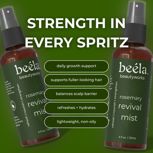 Beela Beautyworks Rosemary Revival Mist graphic showing benefits like daily growth support, fuller-looking hair, scalp barrier balance, and lightweight hydration.