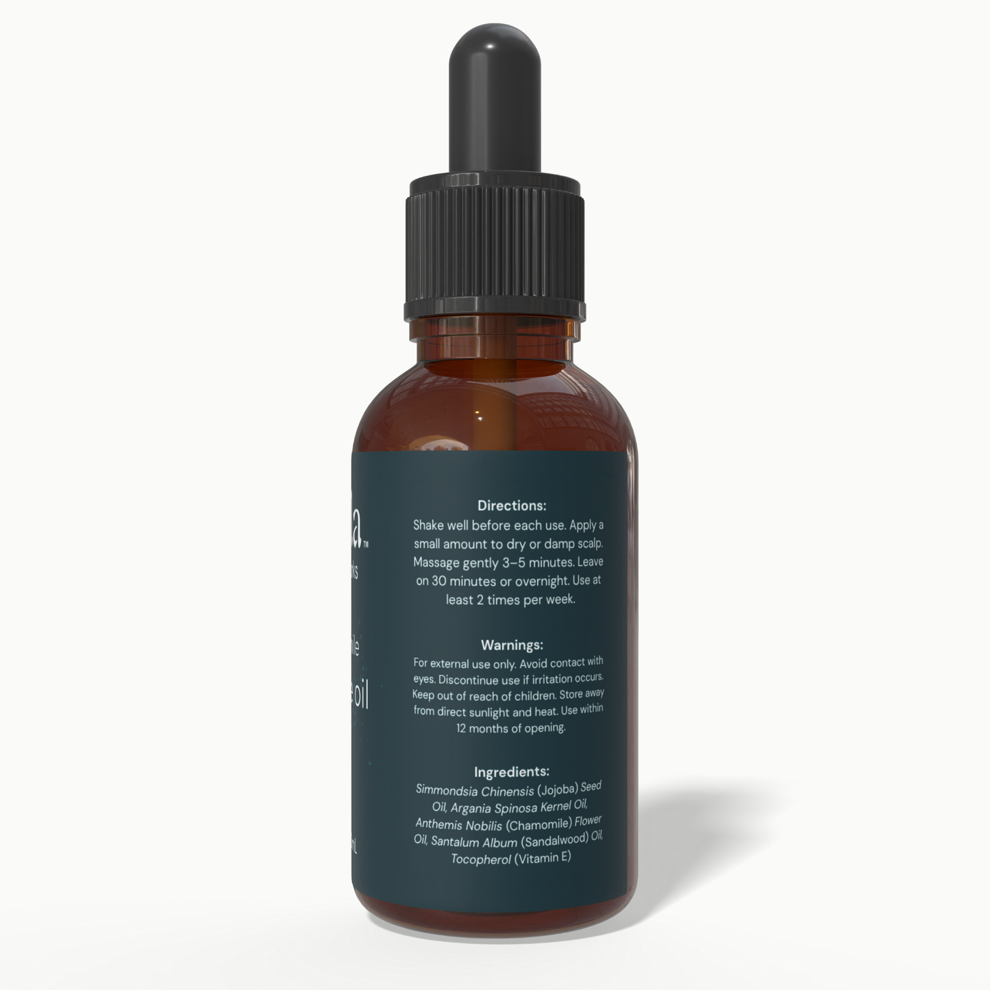 Back label of Beela Chamomile Hydrate Scalp Oil showing directions, warnings, and ingredients like chamomile, jojoba, argan, and sandalwood.