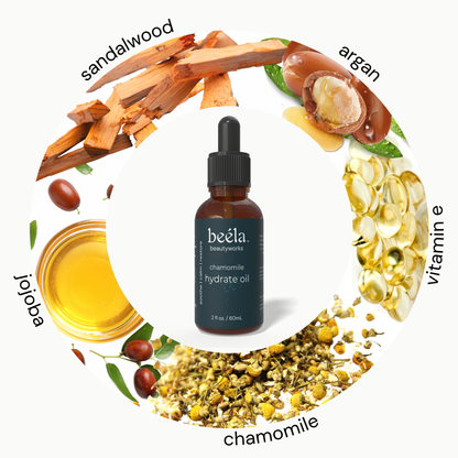 Beela Chamomile Hydrate Scalp Oil featuring jojoba, argan, sandalwood, chamomile, and vitamin E for soothing hydration.