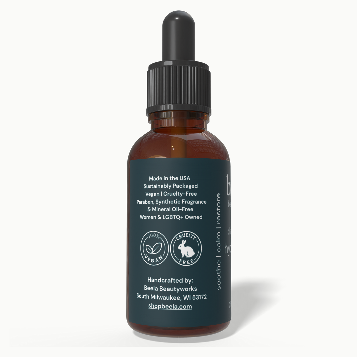 Beela Chamomile Hydrate Scalp Oil side label showing vegan, cruelty-free, and sustainably packaged product details.