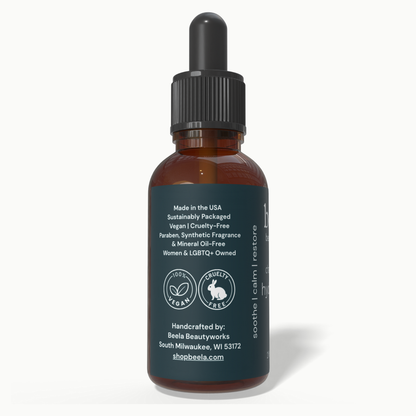 Beela Chamomile Hydrate Scalp Oil side label showing vegan, cruelty-free, and sustainably packaged product details.