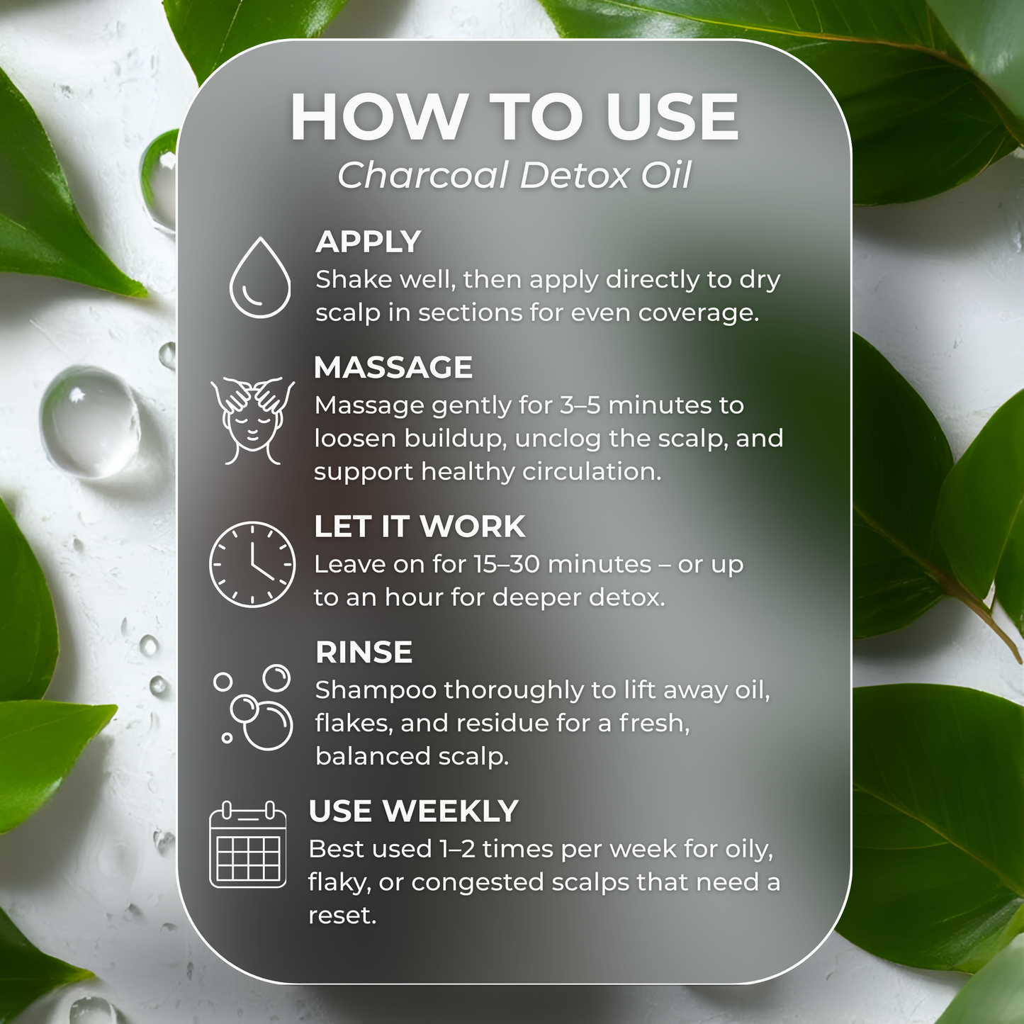 How to use Beela Beautyworks Charcoal Detox Oil graphic with step-by-step instructions for applying, massaging, rinsing, and weekly use.