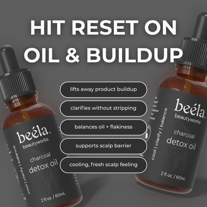 Beela Beautyworks Charcoal Detox Oil with product benefits like lifting buildup, clarifying without stripping, and balancing an oily or flaky scalp.
