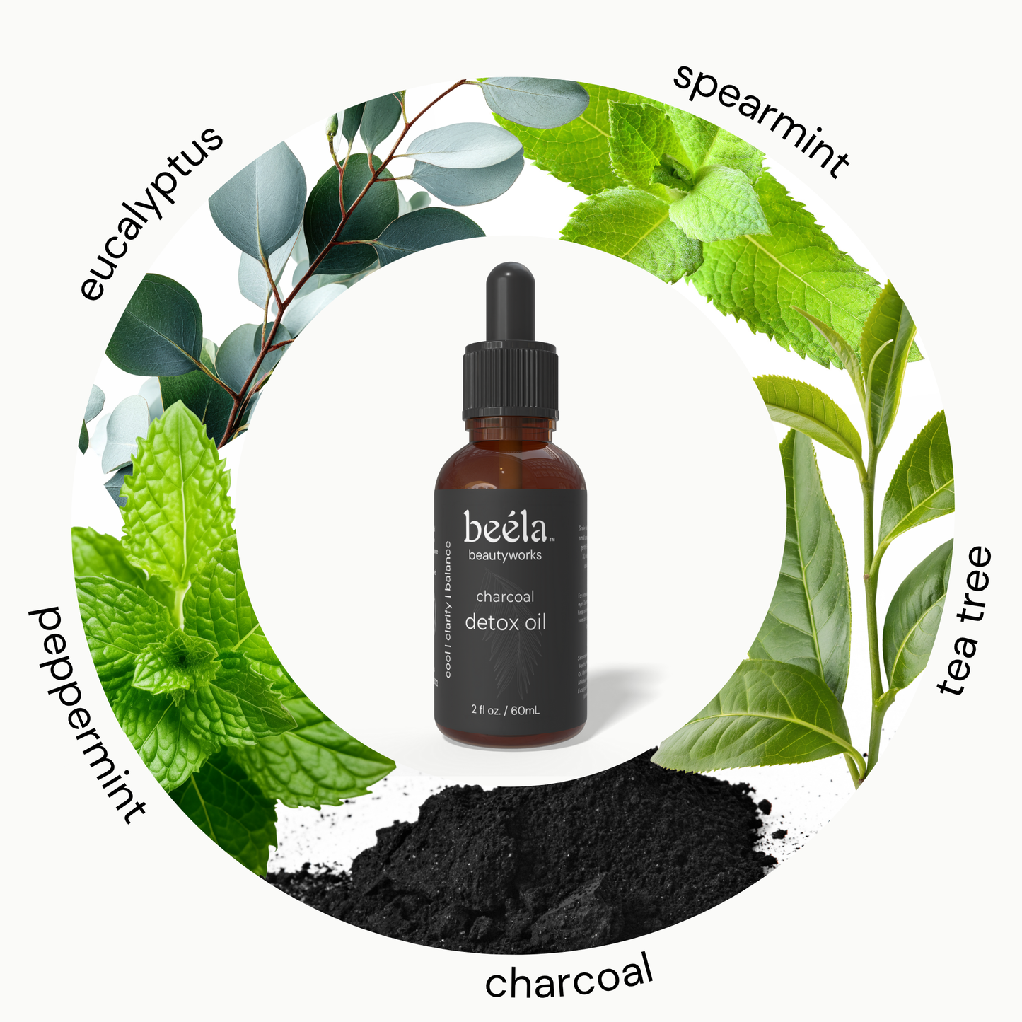 Beela Charcoal Detox Scalp Oil with peppermint, tea tree, eucalyptus, spearmint, and activated charcoal for deep scalp cleanse.
