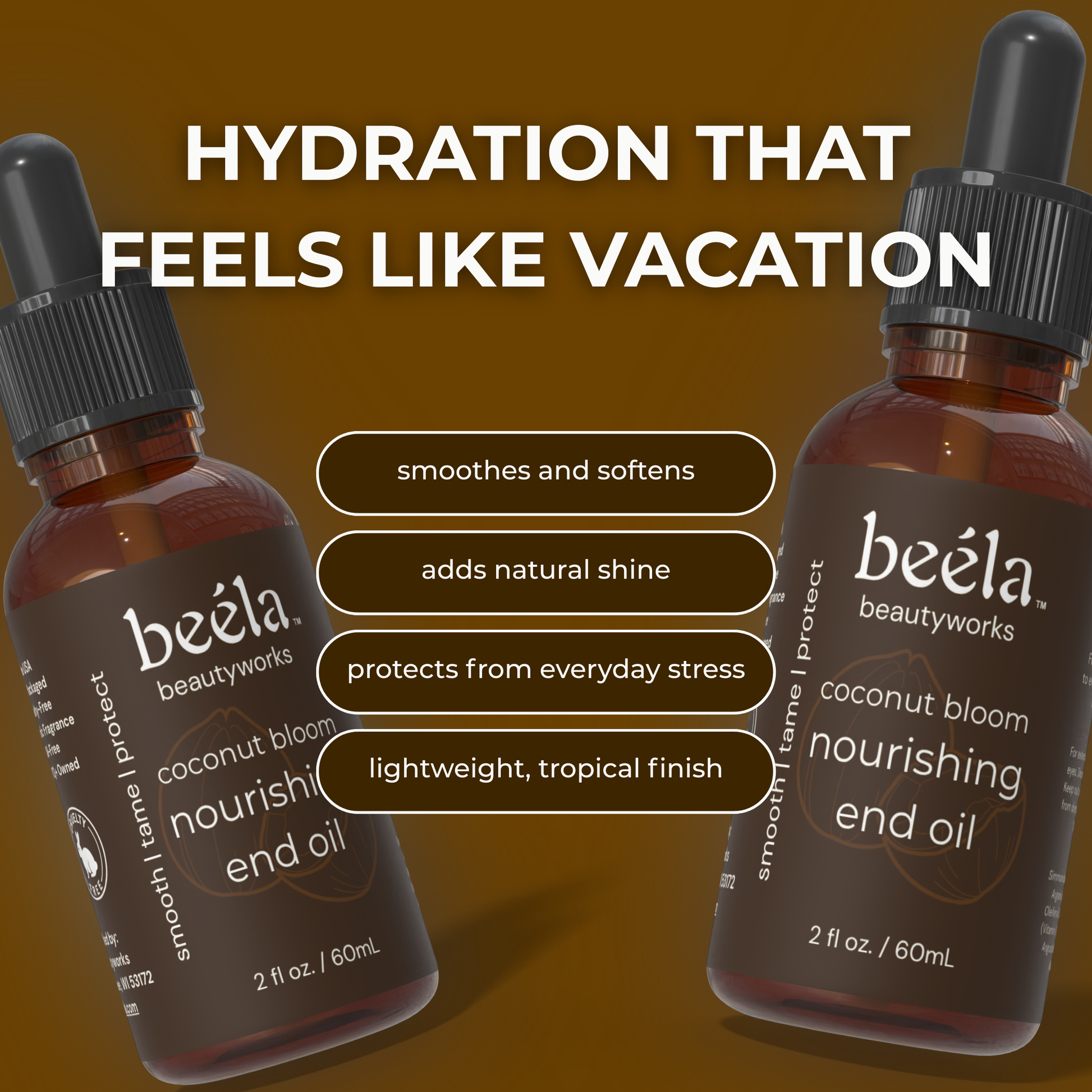 Beela Beautyworks Coconut Bloom End Oil graphic showing benefits like smoothing, adding natural shine, protecting from daily stress, and giving a lightweight tropical finish.