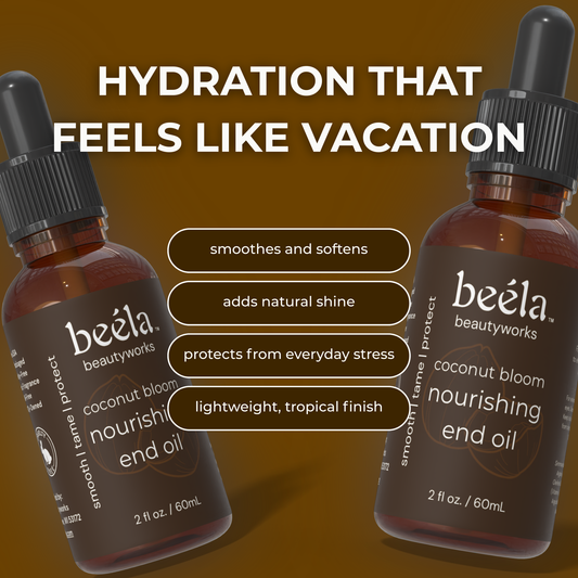 Beela Beautyworks Coconut Bloom End Oil graphic showing benefits like smoothing, adding natural shine, protecting from daily stress, and giving a lightweight tropical finish.