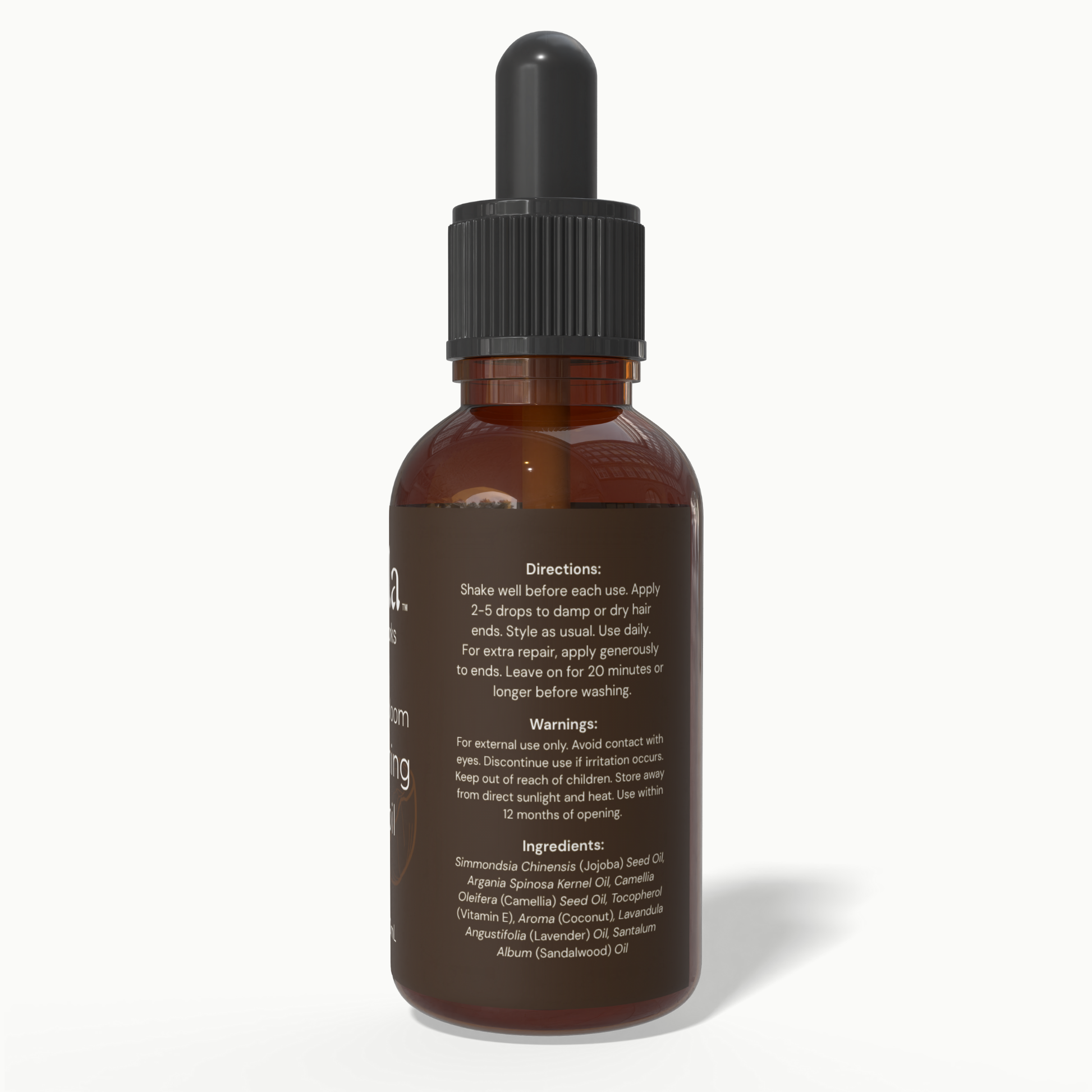 Back label of Beela Coconut Bloom Nourishing End Oil with directions, warnings, and ingredients like coconut, jojoba, argan, and sandalwood.