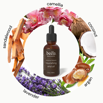 Beela Coconut Bloom Nourishing End Oil bottle surrounded by natural ingredients — coconut, camellia, lavender, argan, and sandalwood for smooth, shiny, healthy hair ends.