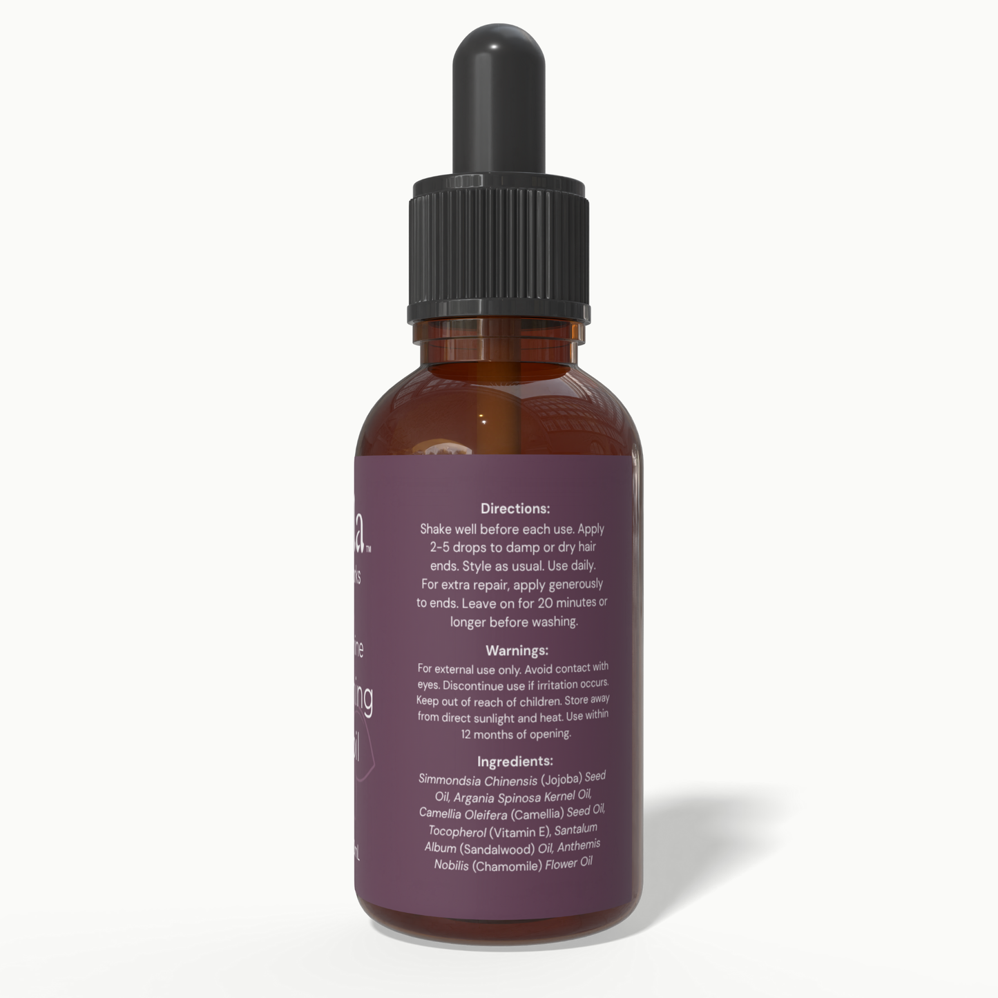 Back label of Beela Island Shine Nourishing End Oil listing directions, warnings, and ingredients such as chamomile, jojoba, and argan.
