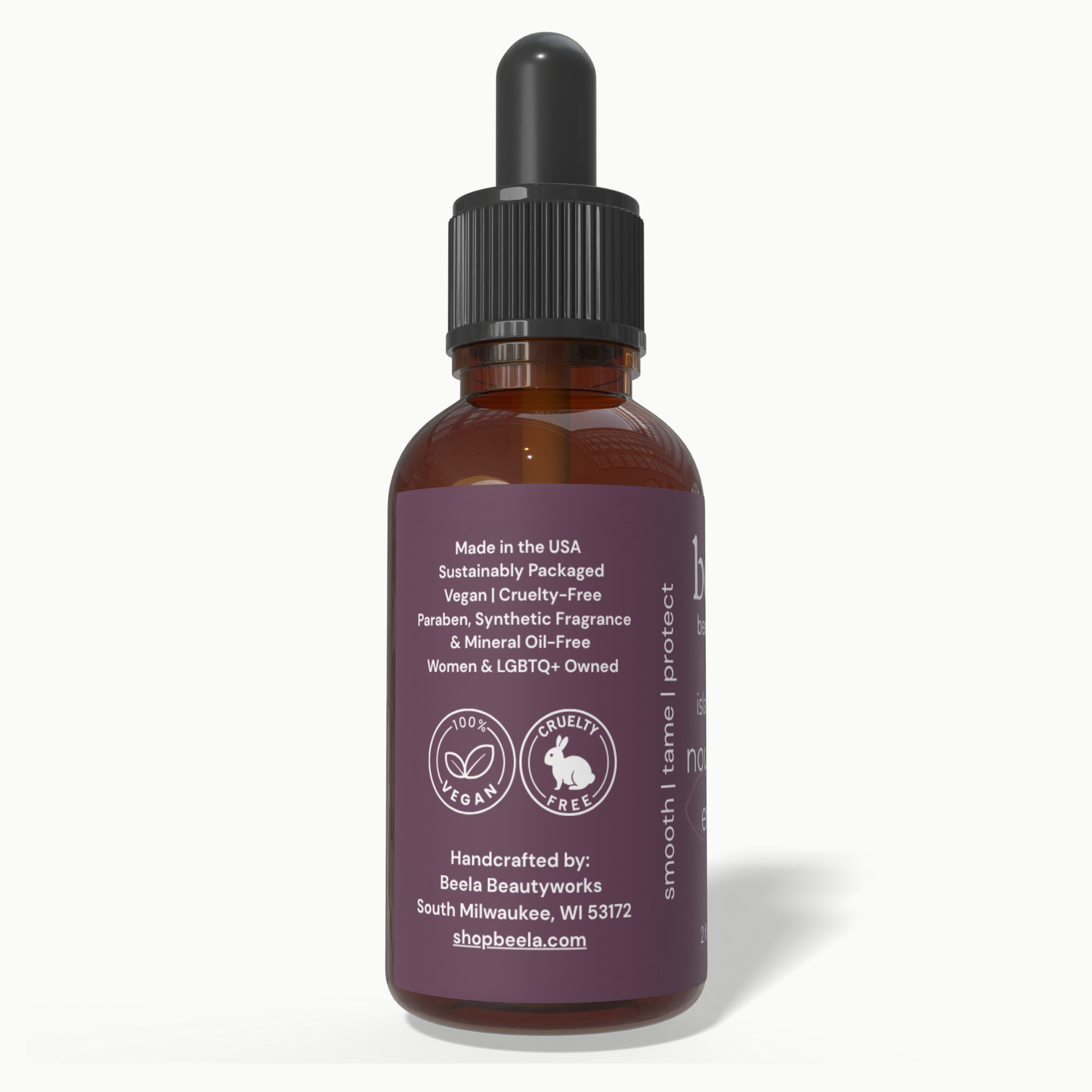 Beela Island Shine Nourishing End Oil side label showing vegan, cruelty-free, and sustainably packaged product details.