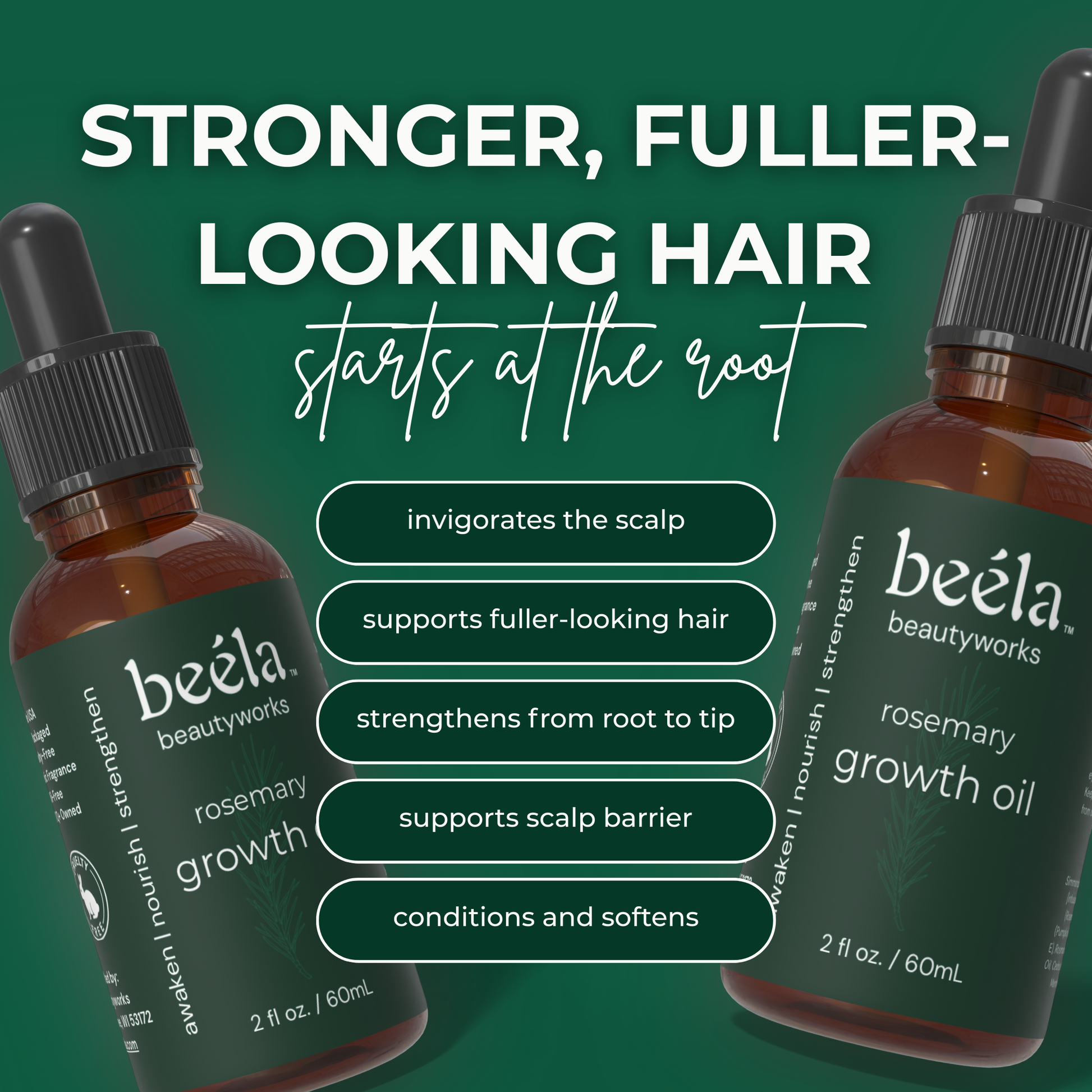 Beela Beautyworks Rosemary Growth Oil graphic highlighting benefits like invigorating the scalp, supporting fuller-looking hair, and strengthening from root to tip.