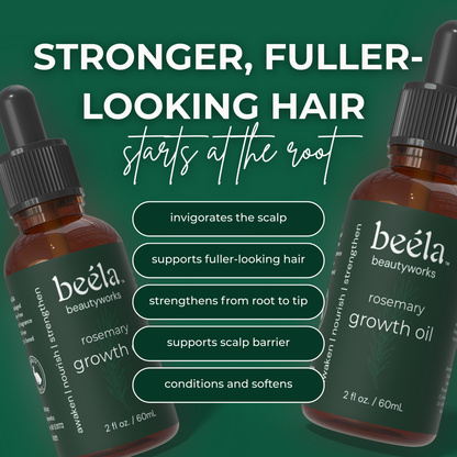Beela Beautyworks Rosemary Growth Oil graphic highlighting benefits like invigorating the scalp, supporting fuller-looking hair, and strengthening from root to tip.