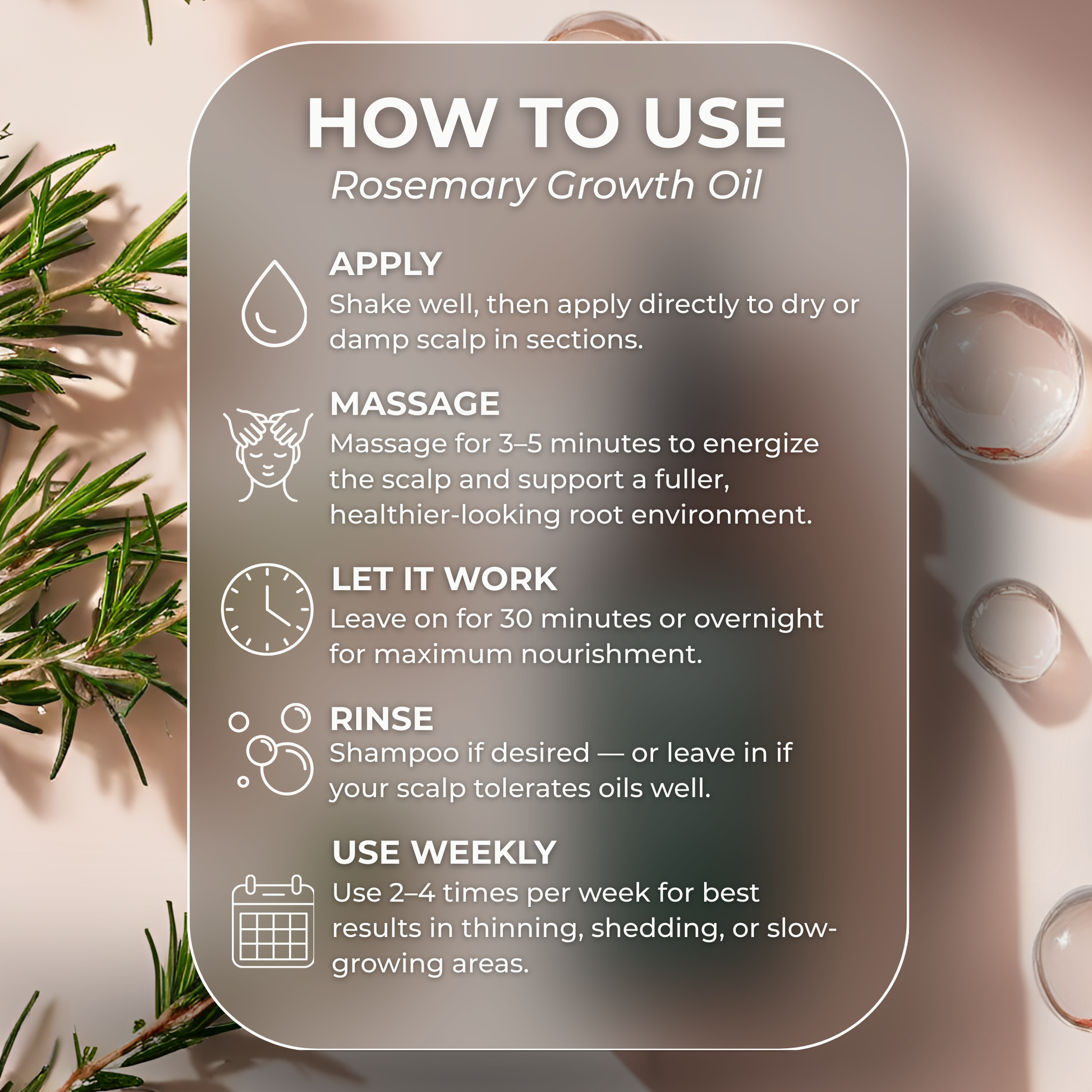 How to use Beela Beautyworks Rosemary Growth Oil graphic with steps for applying, massaging, leaving on, rinsing, and weekly use.