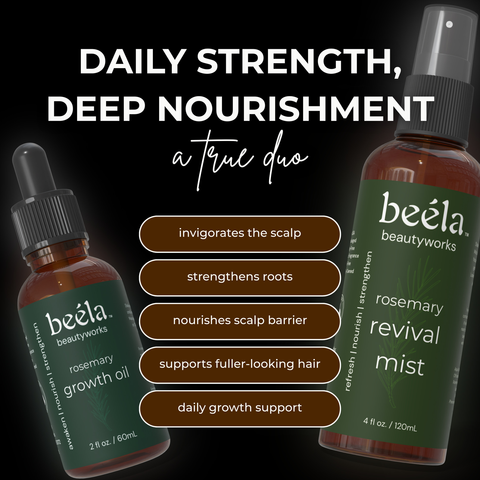 Beela Beautyworks Rosemary Growth Oil and Rosemary Revival Mist duo graphic highlighting benefits like invigorating the scalp, strengthening roots, nourishing the scalp barrier, and supporting fuller-looking hair.