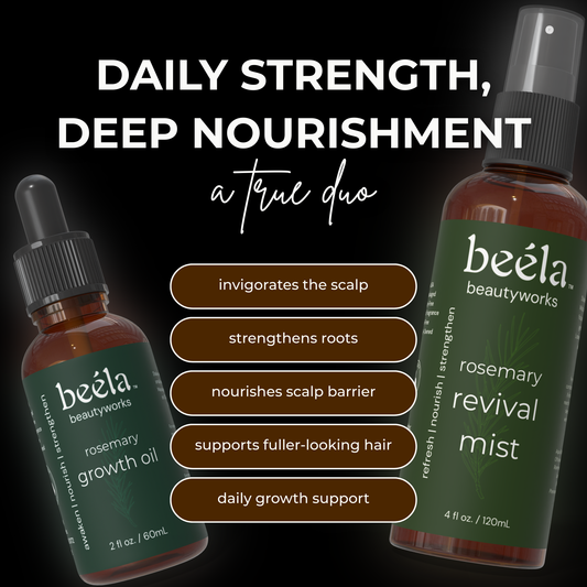 Beela Beautyworks Rosemary Growth Oil and Rosemary Revival Mist duo graphic highlighting benefits like invigorating the scalp, strengthening roots, nourishing the scalp barrier, and supporting fuller-looking hair.