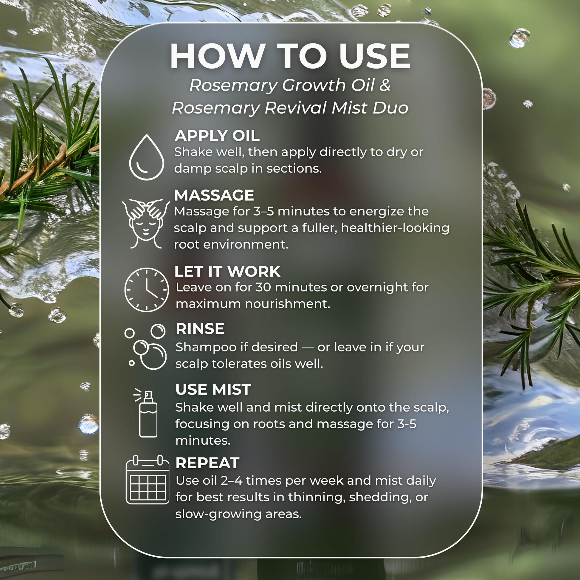 How to use Beela Beautyworks Rosemary Growth Oil and Rosemary Revival Mist duo, with step-by-step instructions for applying oil, massaging, leaving it on, rinsing, using the mist, and repeating for thinning or slow-growing hair.