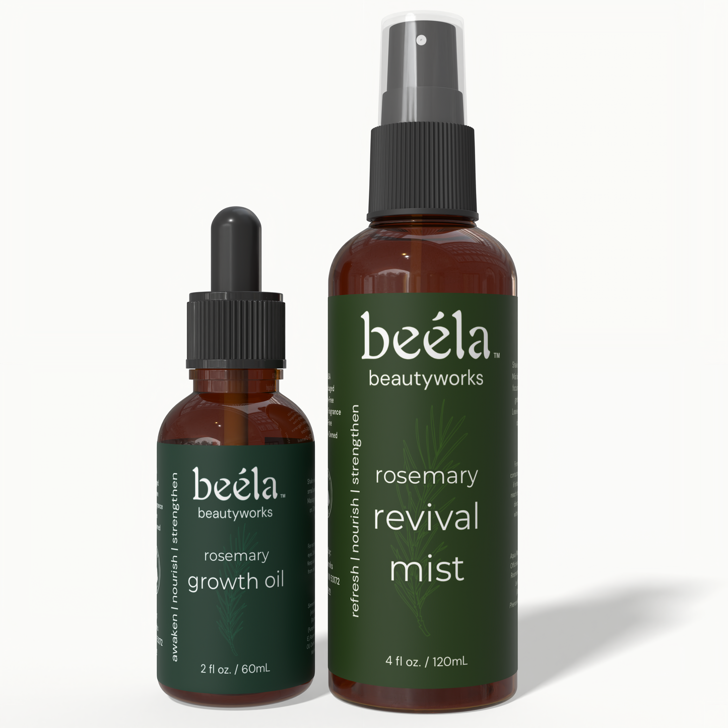 Beela Beautyworks Rosemary Growth Oil and Rosemary Revival Mist duo product photo in amber bottles with green labels.