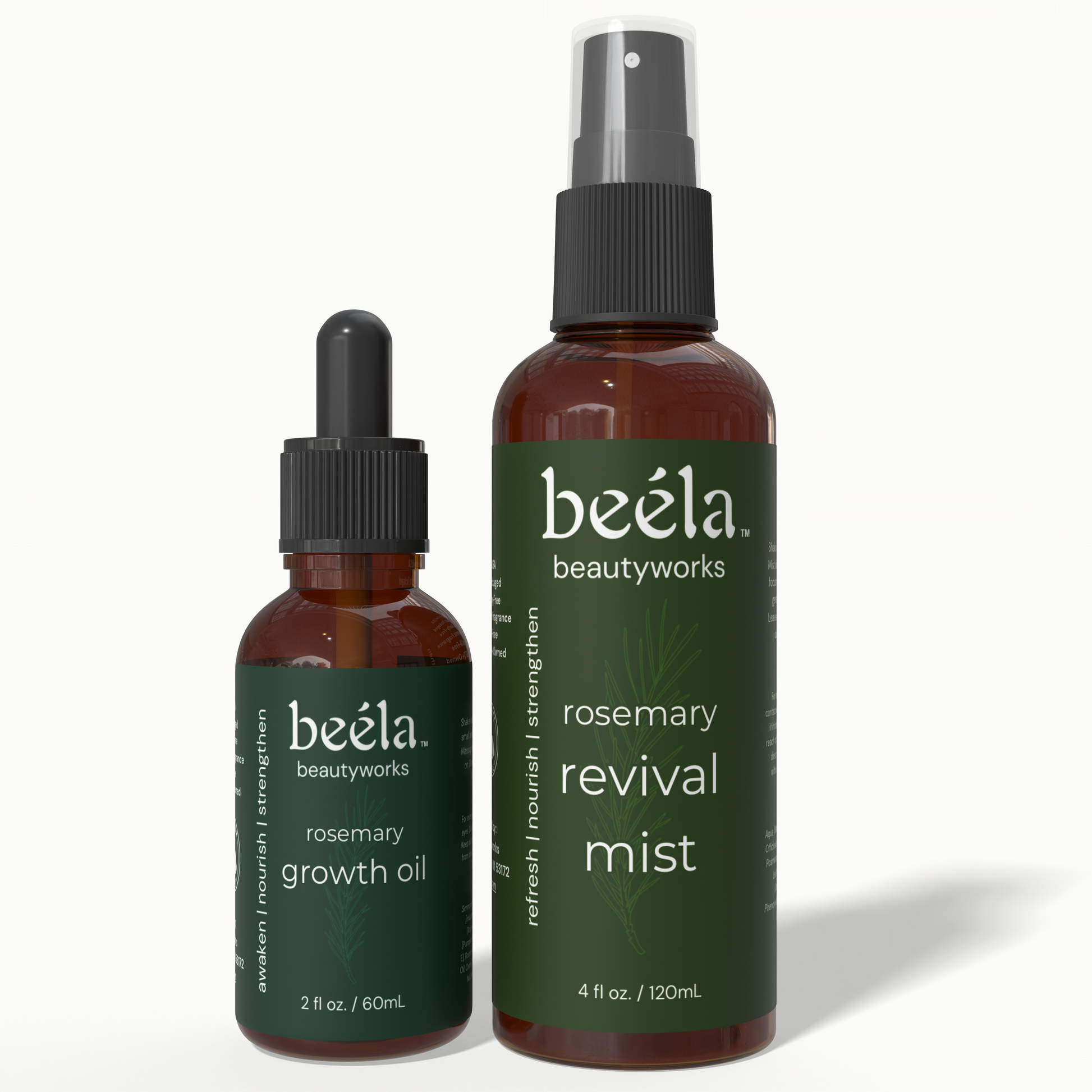 Beela Beautyworks Rosemary Growth Oil and Rosemary Revival Mist duo product photo in amber bottles with green labels.