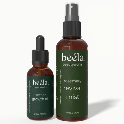 Beela Beautyworks Rosemary Growth Oil and Rosemary Revival Mist duo product photo in amber bottles with green labels.