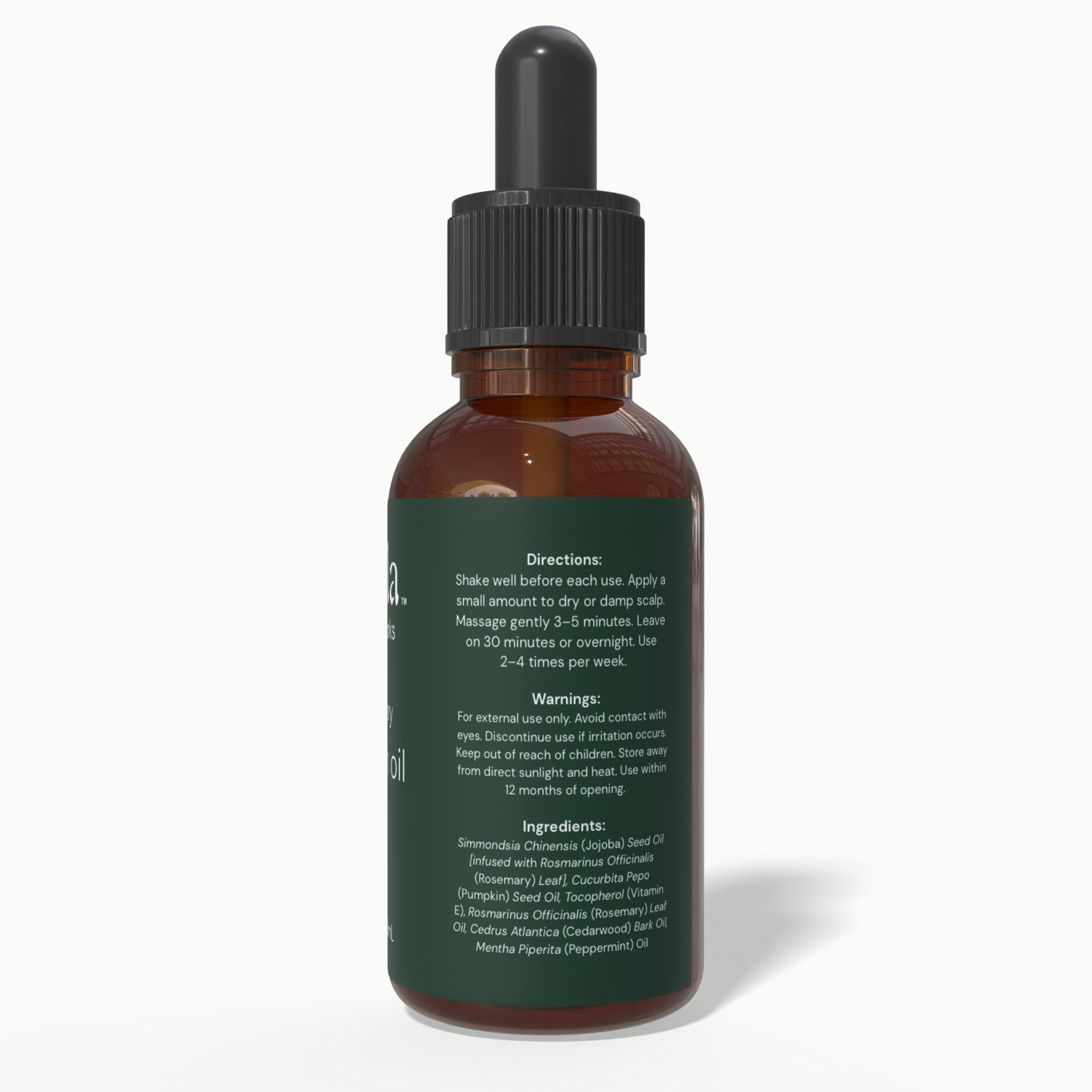 Back label of Beela Rosemary Growth Scalp Oil listing directions, safety warnings, and ingredients such as rosemary, pumpkin seed, cedarwood, and peppermint.