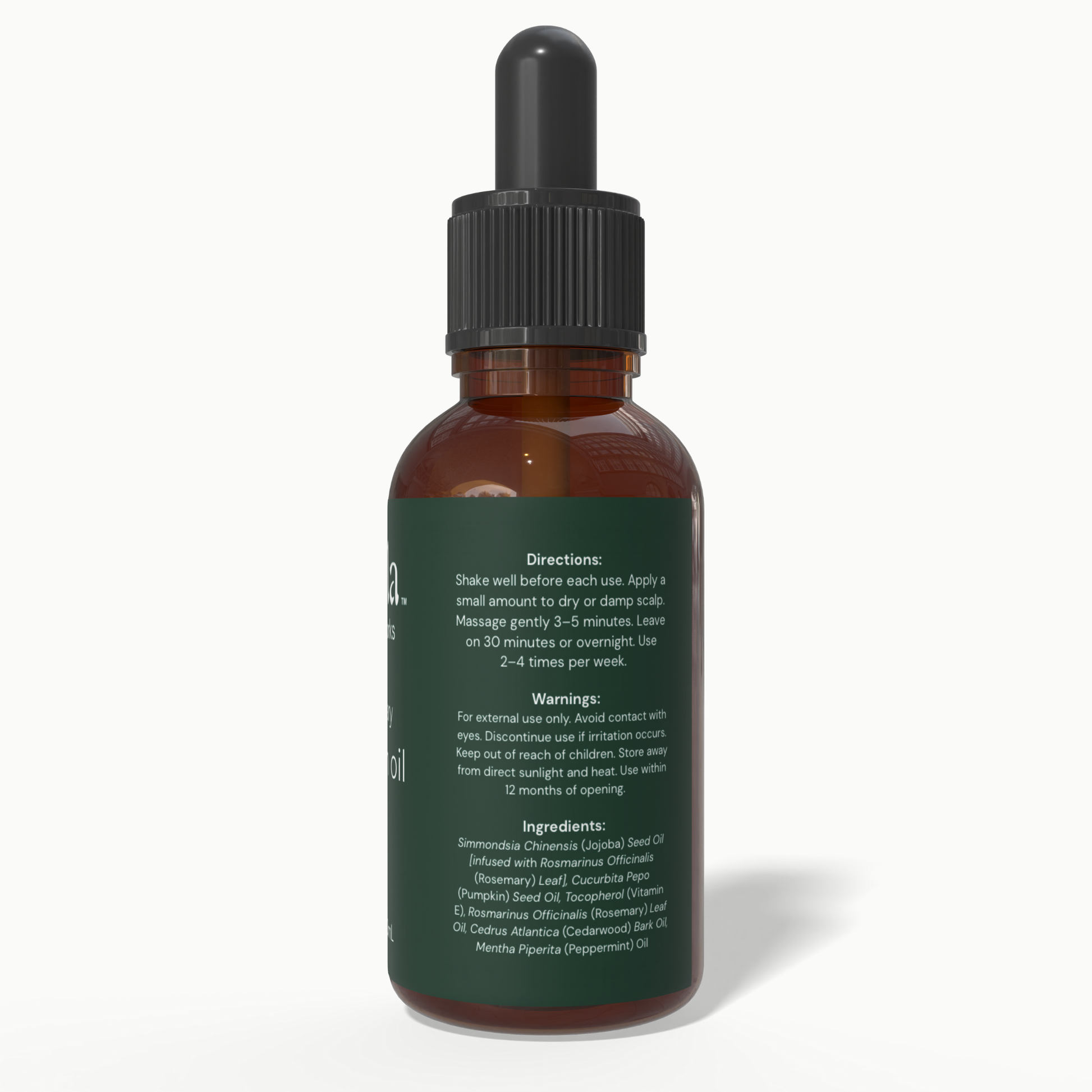 Back label of Beela Rosemary Growth Scalp Oil listing directions, safety warnings, and ingredients such as rosemary, pumpkin seed, cedarwood, and peppermint.