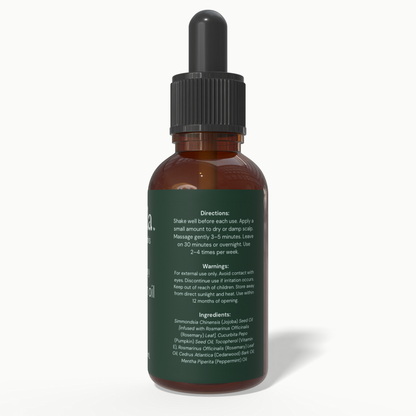 Back label of Beela Rosemary Growth Scalp Oil listing directions, safety warnings, and ingredients such as rosemary, pumpkin seed, cedarwood, and peppermint.