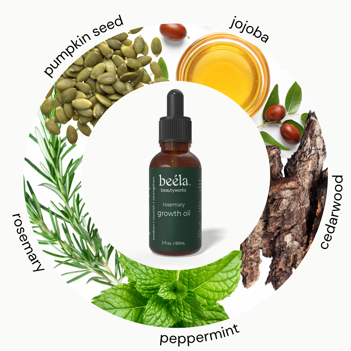 Beela Rosemary Growth Scalp Oil made with rosemary, pumpkin seed, jojoba, cedarwood, and peppermint to support fuller, stronger hair.