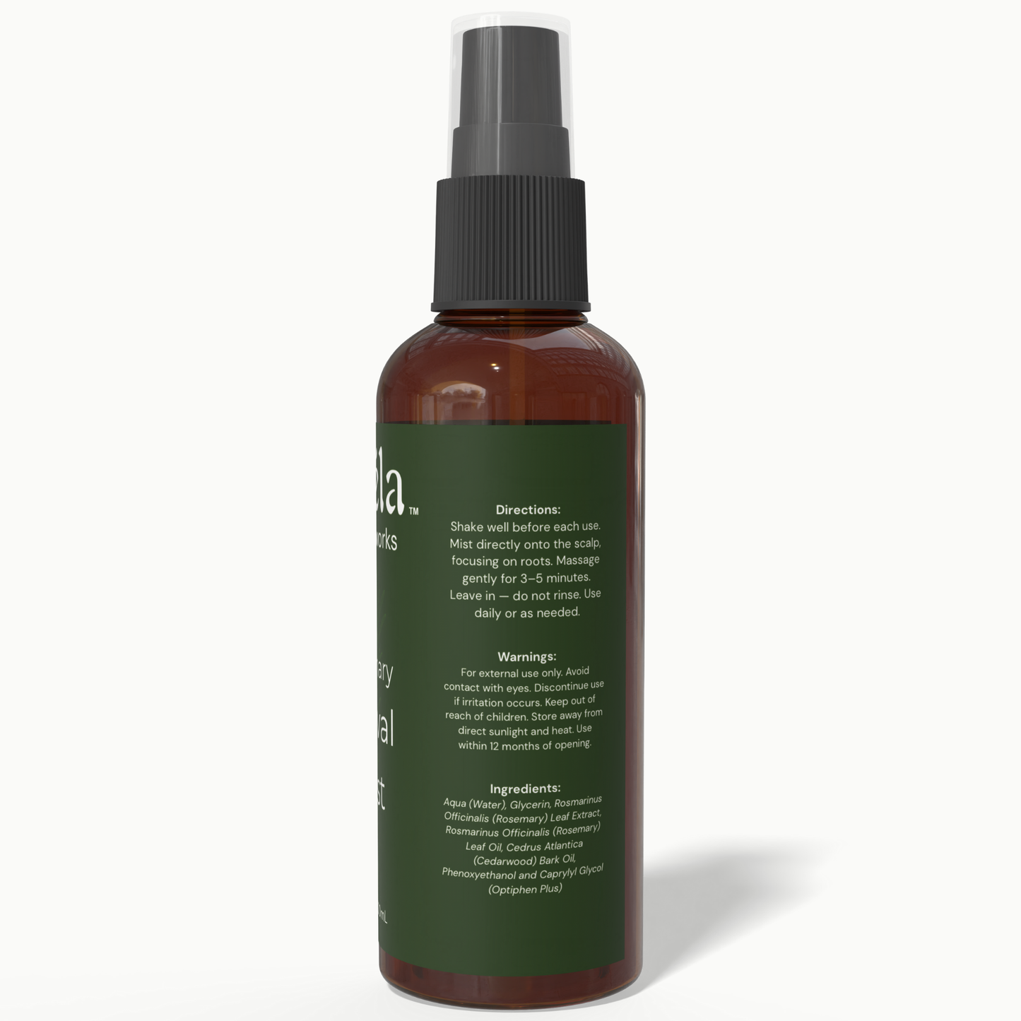 Back label of Beela Rosemary Revival Mist showing spray directions, safety warnings, and rosemary-based ingredient list for scalp and hair care.