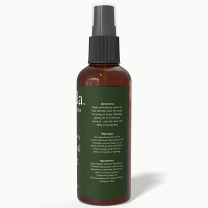 Back label of Beela Rosemary Revival Mist showing spray directions, safety warnings, and rosemary-based ingredient list for scalp and hair care.
