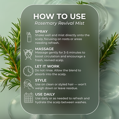 How to use Beela Beautyworks Rosemary Revival Mist with steps for spraying onto the scalp, massaging, letting it absorb, styling, and daily use.