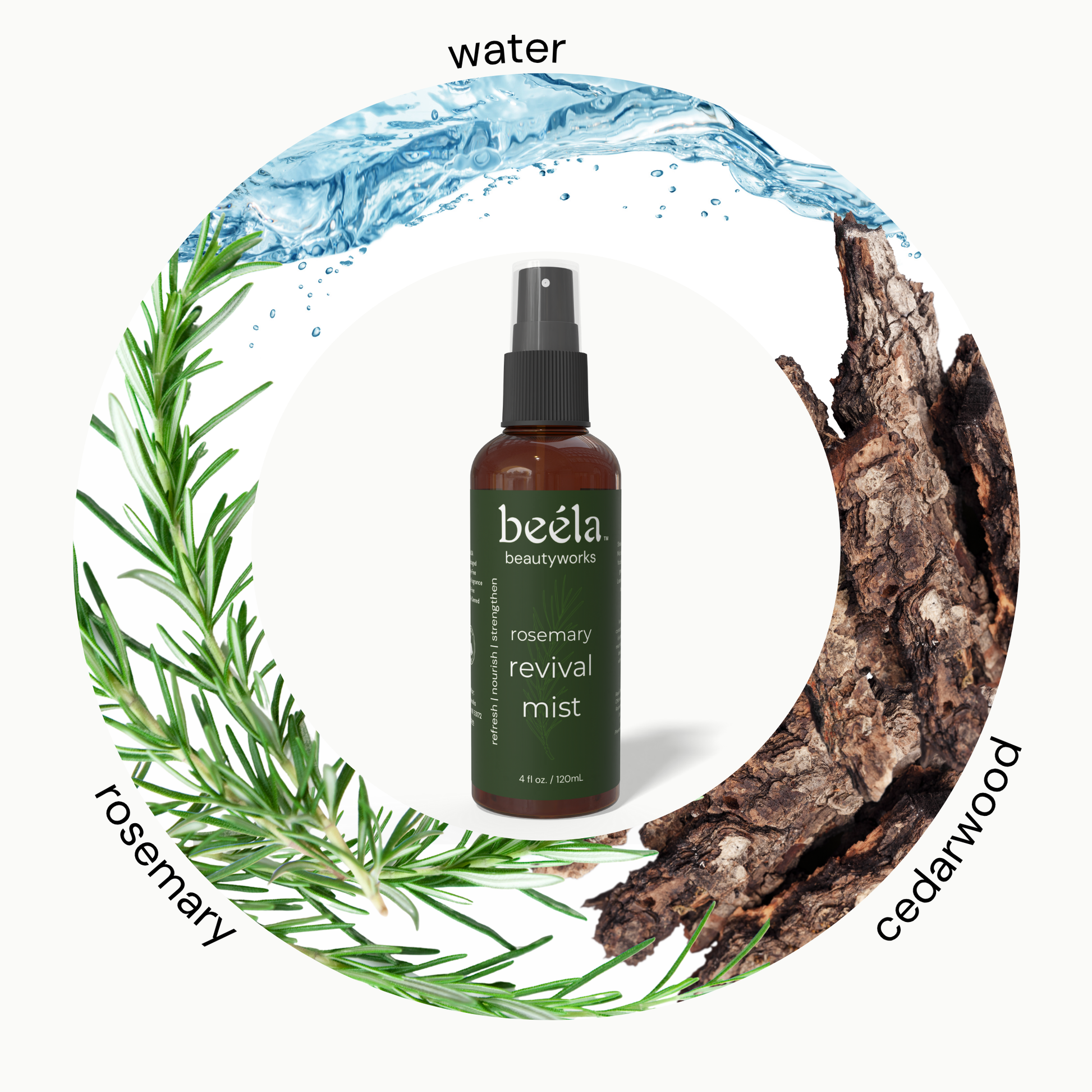 Beela Rosemary Revival Mist bottle surrounded by ingredients - rosemary, cedarwood, and water — lightweight scalp and hair mist for hydration, refreshment, and scalp balance.
