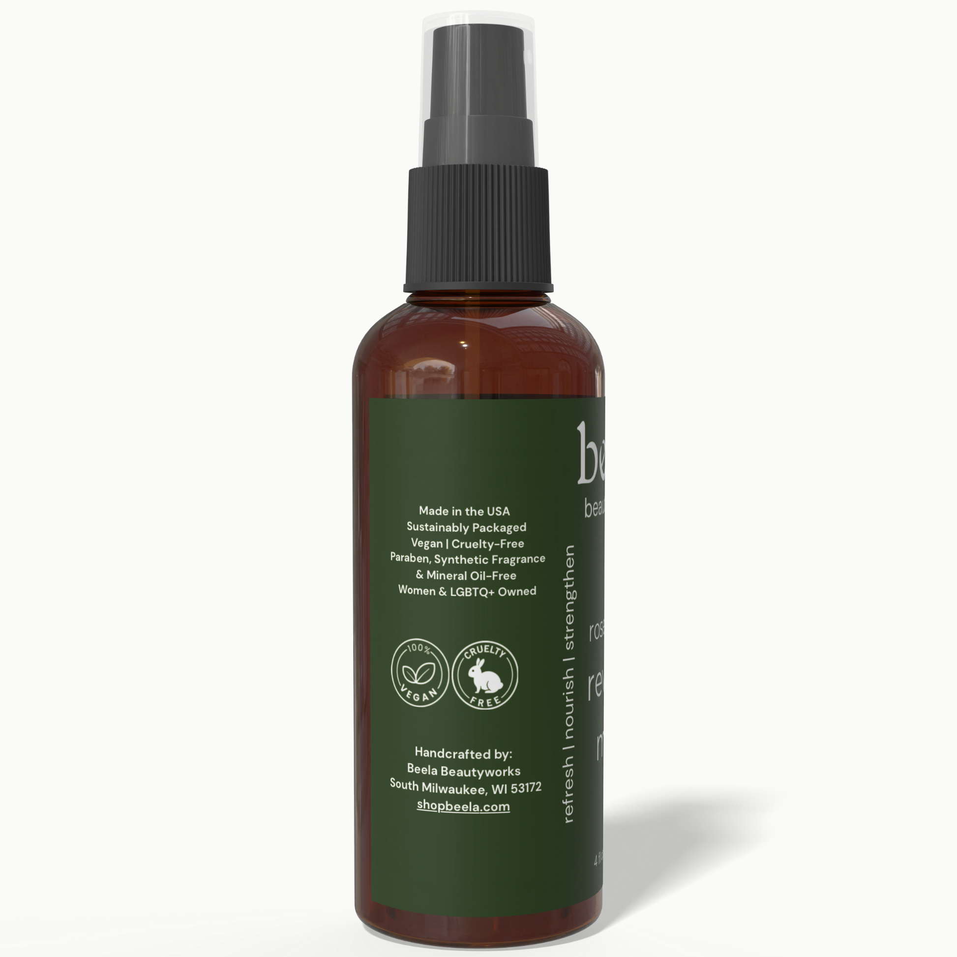 Beela Rosemary Revival Mist side label showing vegan, cruelty-free, and sustainably packaged product details.