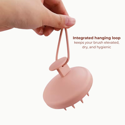Silicone scalp scrubber with hanging loop for hygienic storage, easy drying, and healthy scalp care