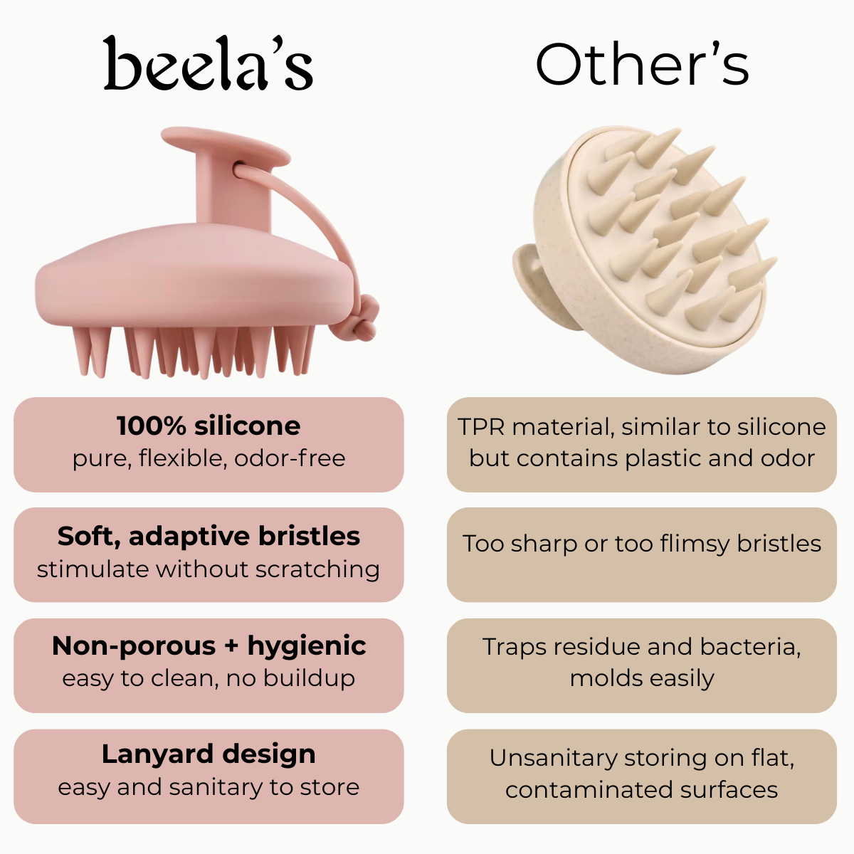 Beela's silicone scalp scrubber compared to other plastic scalp brush for hair growth, buildup removal, and healthy scalp