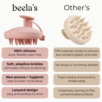 Beela's silicone scalp scrubber compared to other plastic scalp brush for hair growth, buildup removal, and healthy scalp