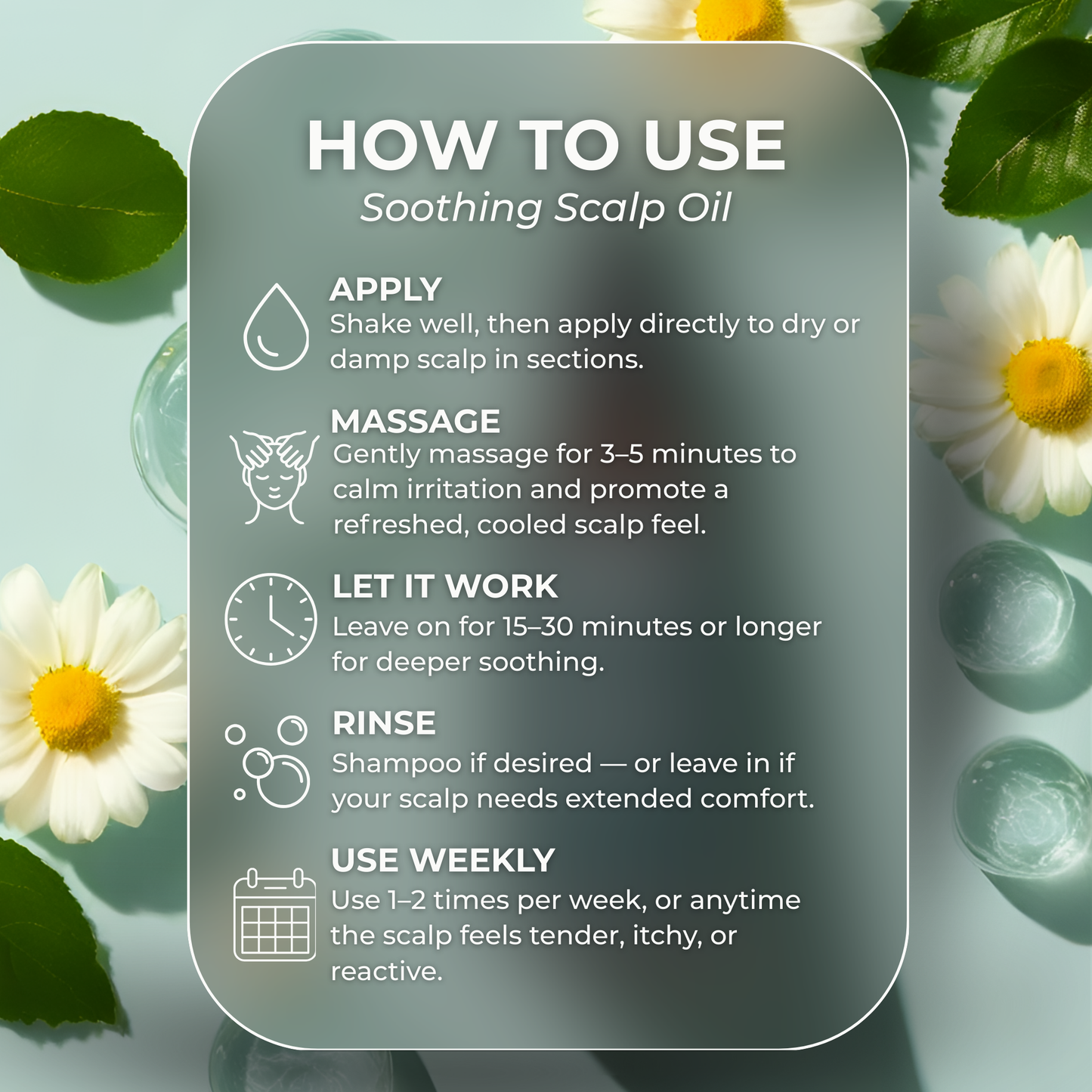 How to use Beela Beautyworks Soothing Scalp Oil with steps for applying, massaging, leaving on, rinsing, and weekly use for scalp comfort.