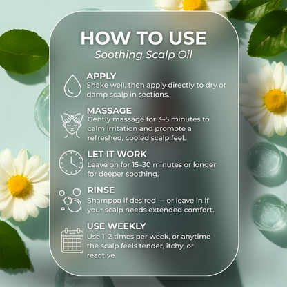 How to use Beela Beautyworks Soothing Scalp Oil with steps for applying, massaging, leaving on, rinsing, and weekly use for scalp comfort.