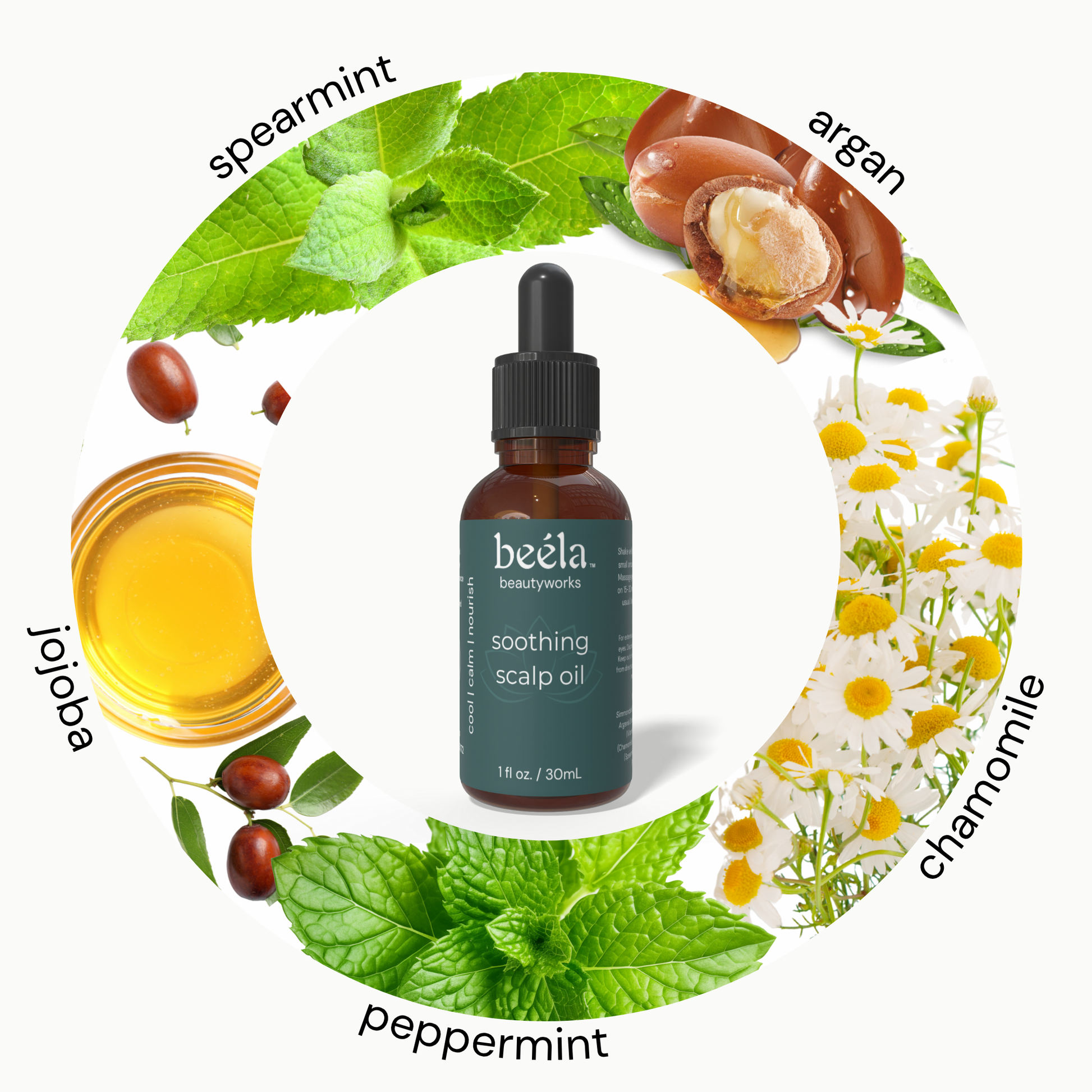Beela Soothing Scalp Oil bottle surrounded by peppermint, spearmint, jojoba, chamomile, and argan ingredients — calming and nourishing oil for sensitive, dry scalps.
